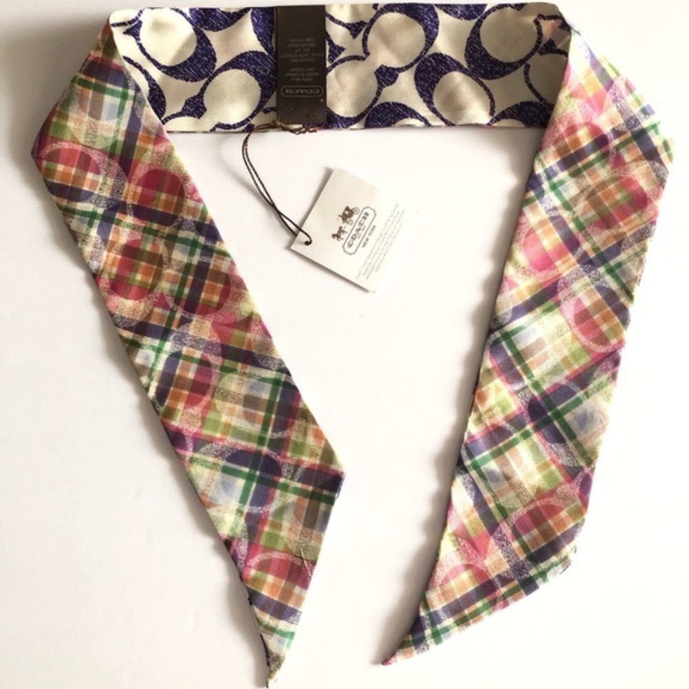 COACH SIGNATURE  SIGNATURE C/MADRAS 100% SILK PONYTAIL SCARF NWT RETIRED - Picture 2 of 5